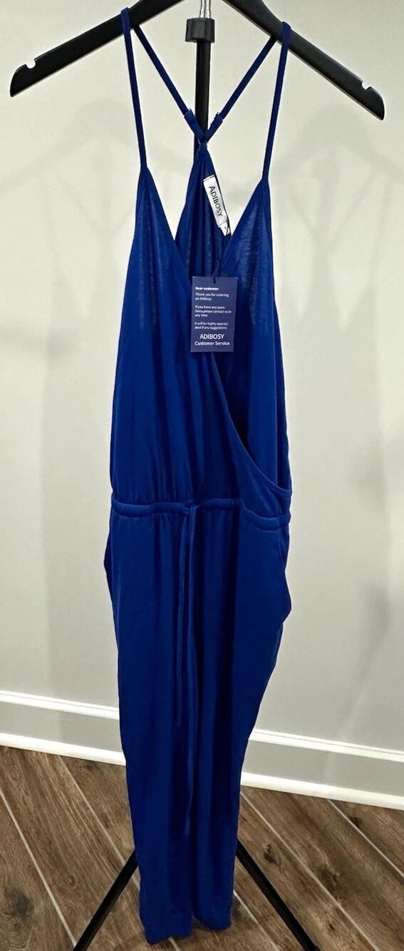 ADIBOSY Womens Blue Solid V-Neck Sleeveless Strappy Jumpsuit One-Piece S